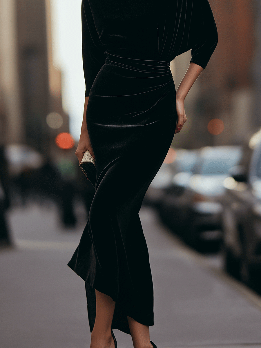 Black Off-Shoulder Velvet Dress With Draped Detail