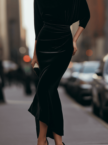 Black Off-Shoulder Velvet Dress With Draped Detail