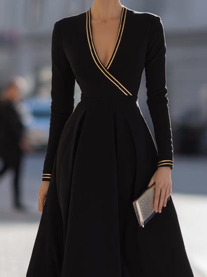 Black Dress With Yellow Stripes And Pleated Skirt