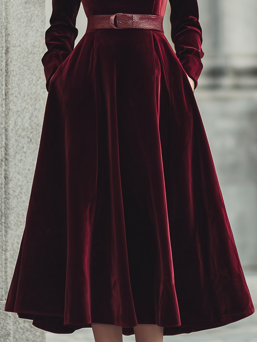 Burgundy Velvet Dress With A Belt