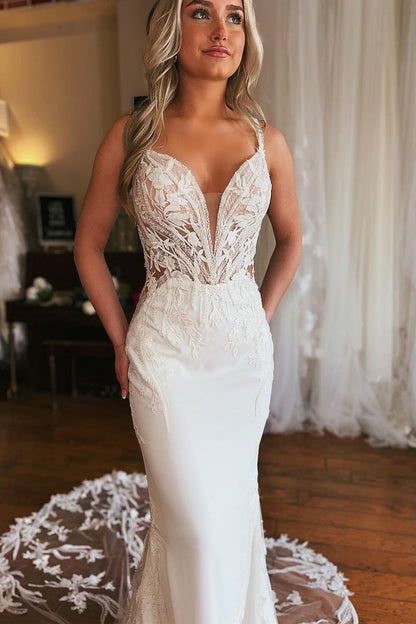 Mermaid V Neck Satin Wedding Dresses with Appliques