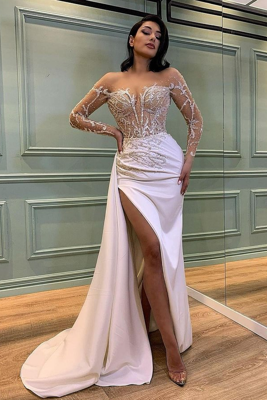 Chic Stain Lace Long Sleeve Slit Prom Dress with Beaded