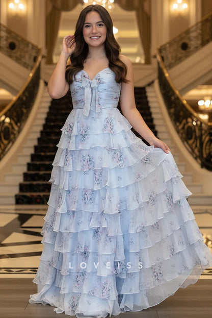 Cute A Line Sweetheart Floral Chiffon Tiered Prom Dress with Slit