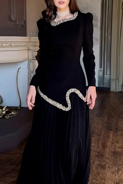 Rhinestone Beads Decor Lace Up Patchwork Pleated Chiffon Party Maxi Dresses