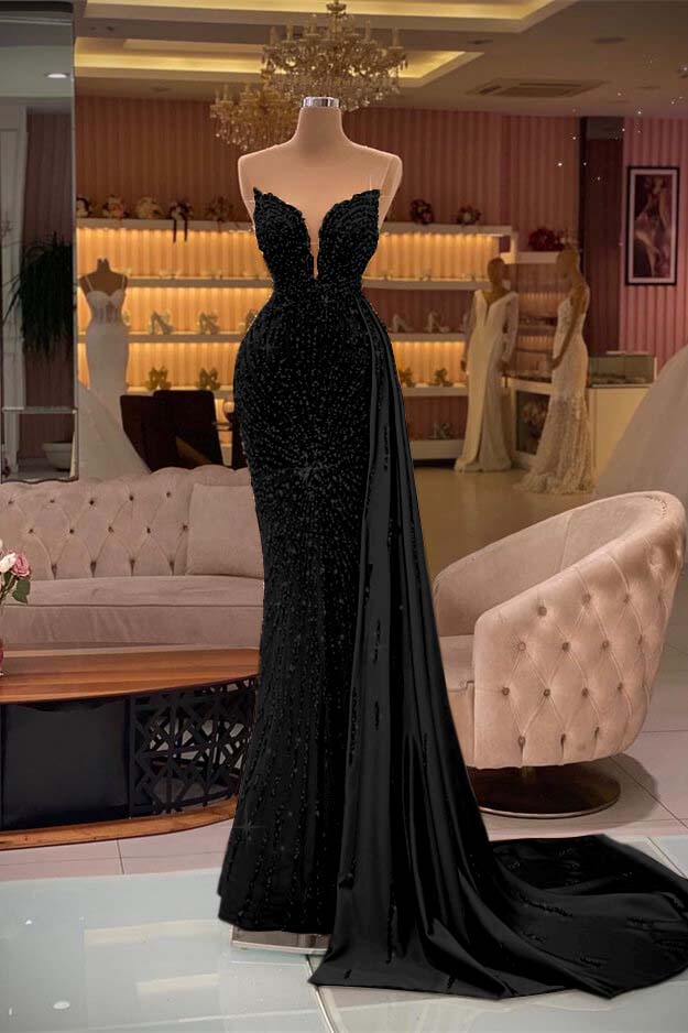 Lussooy Blue Strapless Beautiful Slit Mermaid Prom Dress With Beadings