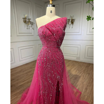 Strapless Evening Dress with High Split, Beaded Elegance