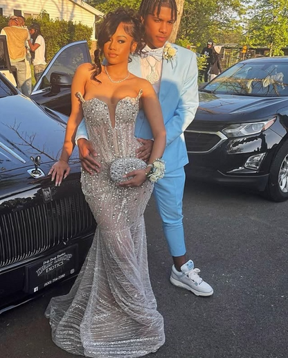 Silver Beadings Sweetheart Mermaid Black Girl Long Party Dress