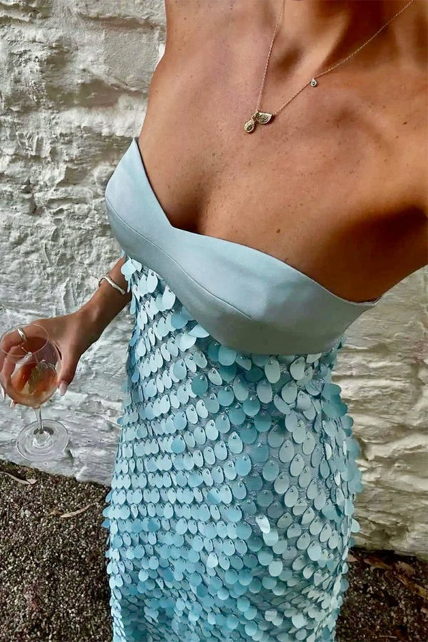 Sheath Strapless Light Blue Satin Sequins Long Prom Dresses