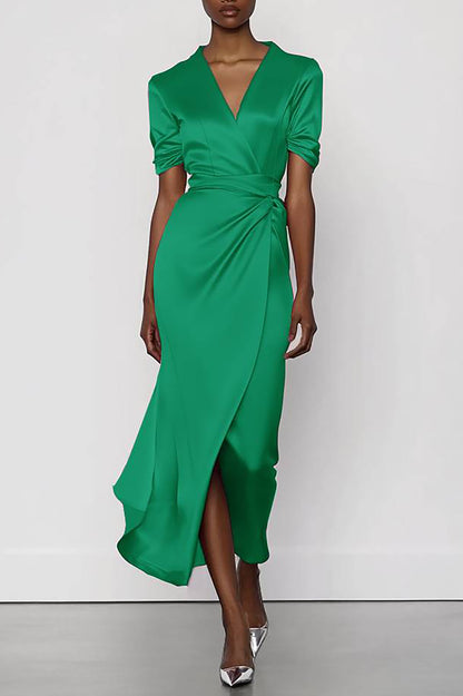 Fall Wedding Guest Dress Satin Green V-Neck Maxi Dress