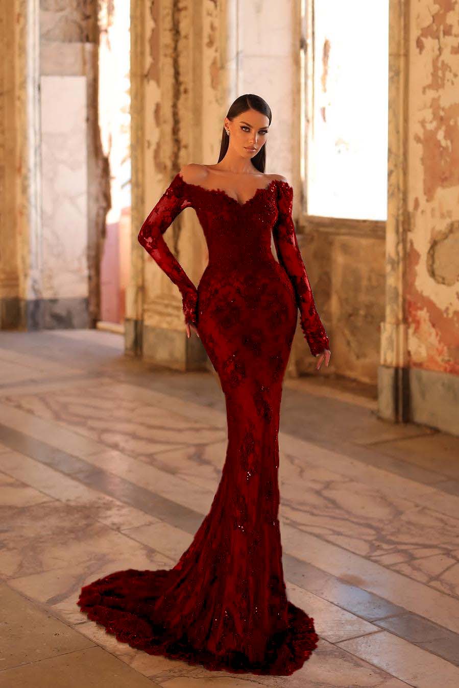 Lussooy Black Satin Off the Shoulder Amazing Long Sleeves Split Prom Dress with Feathers