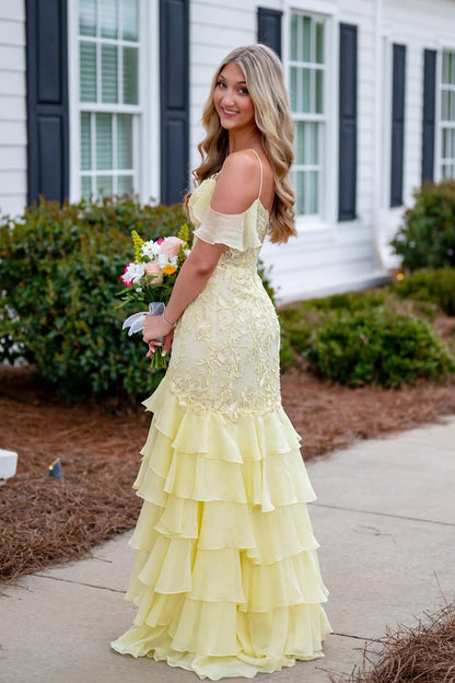 Cute Mermaid Sweetheart Daffodial Tiered Chiffon Prom Dress with Slit