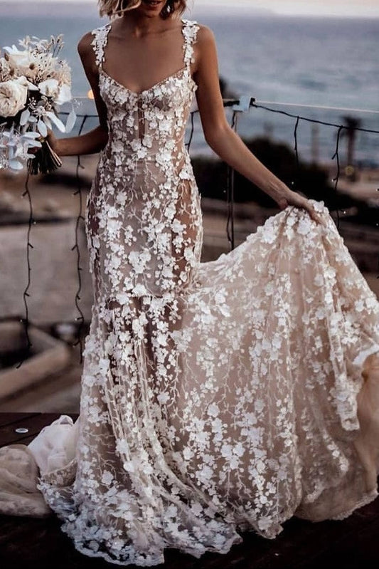 Beautiful Lace Floral Wedding Gown with Shoulder Straps