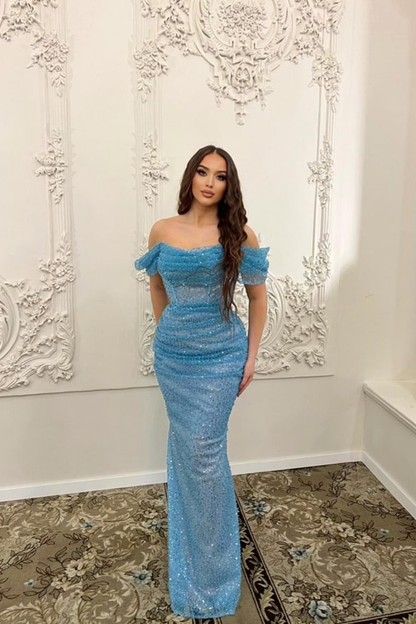 Blue Off The Shoulder Mermaid Sequins Evening Dress