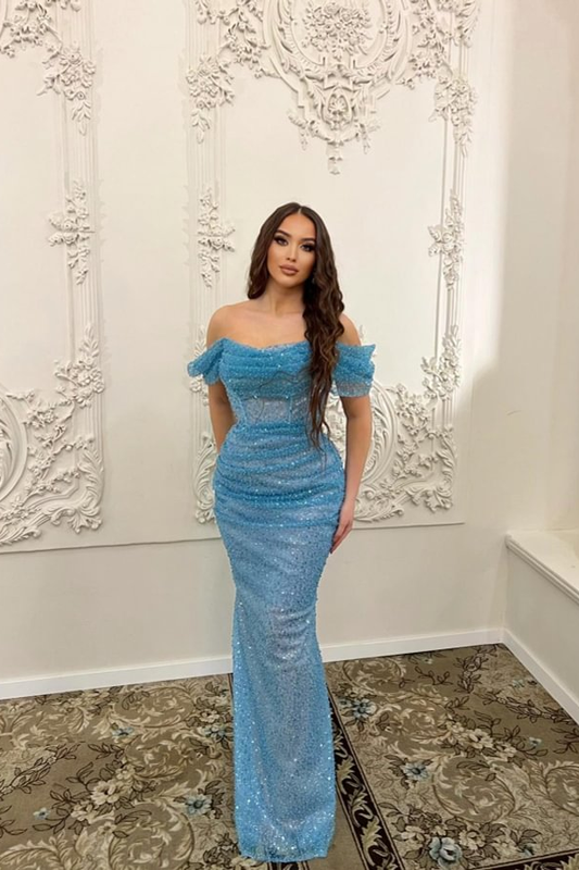 Blue Off The Shoulder Mermaid Sequins Evening Dress