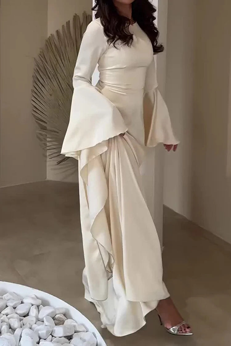 Irregular Flare Sleeve Round Neck Solid Color Maxi Dresses