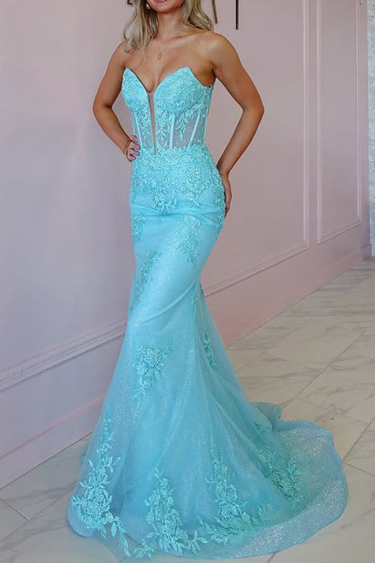 Mermaid Strapless Blue Tulle Long Prom Dresses with Appliques