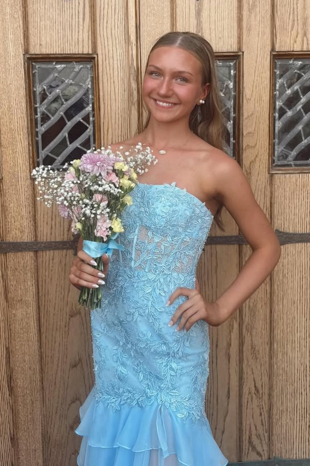 Strapless Mint Appliques Tiered Chiffon Long Dress