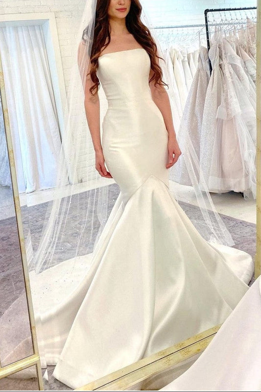 Bride Satin Mermaid Wedding Gown Strapless Bodice