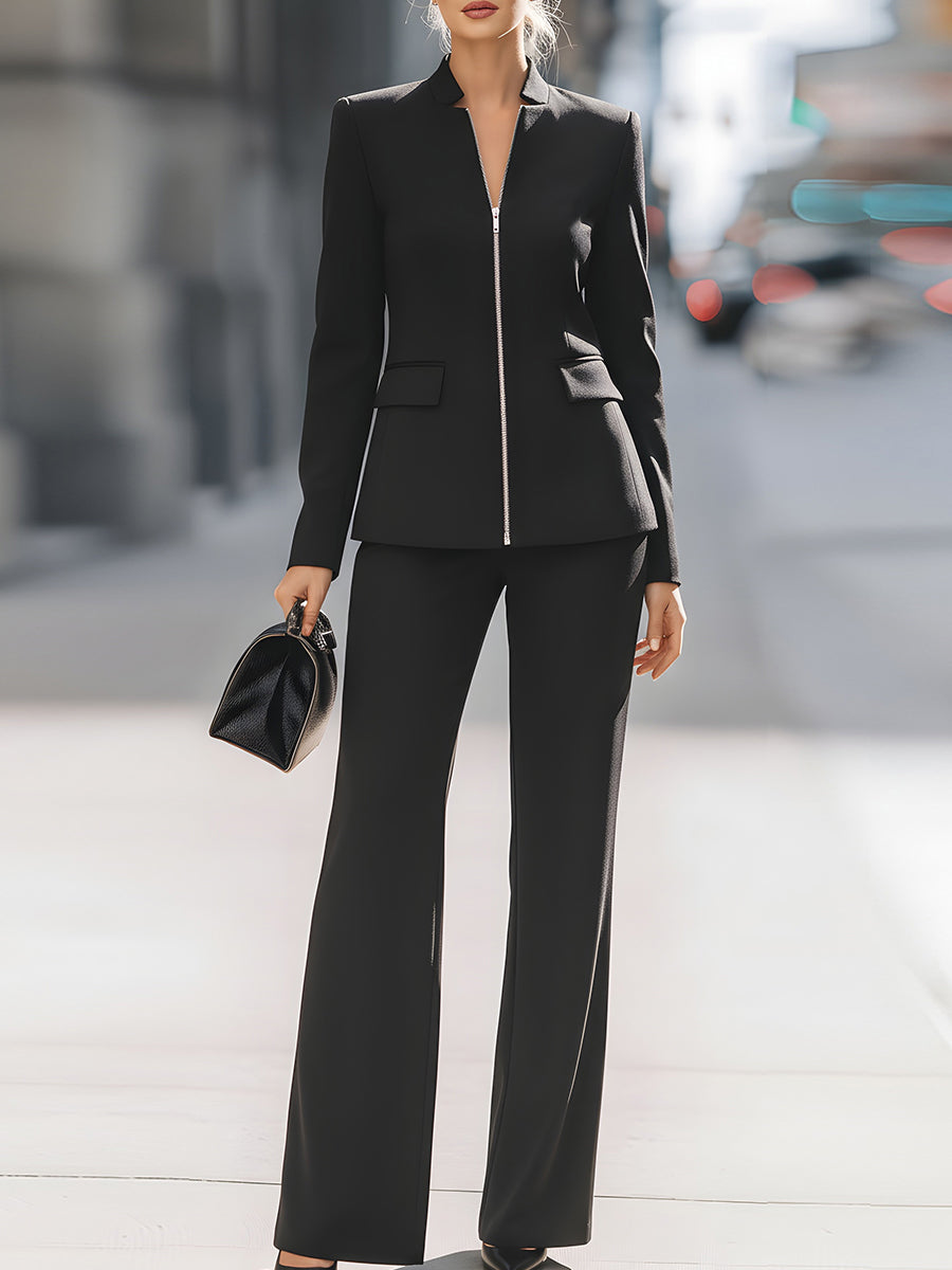 Urban Vibe – Zip-Up Tailored Black Pantsuit