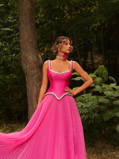 Double shoulder straps Sleeveless Long Prom Dress With Pleated Sequin