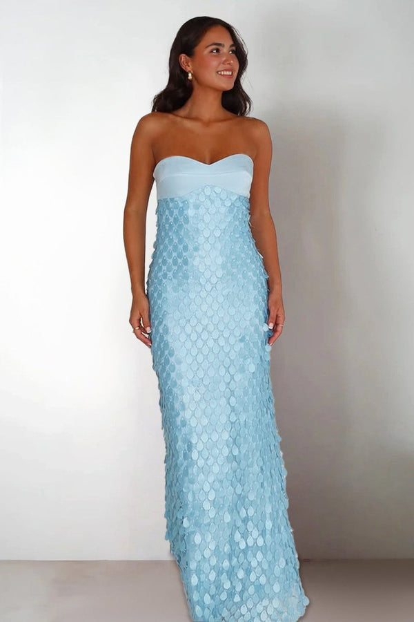 Sheath Strapless Light Blue Satin Sequins Long Prom Dresses