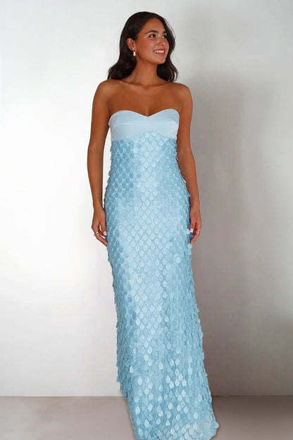 Sheath Strapless Light Blue Satin Sequins Long Prom Dresses