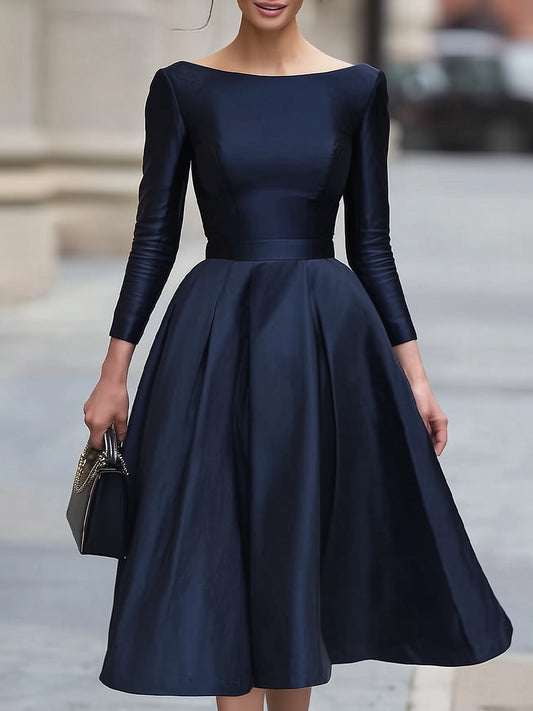 Navy Satin Off-Shoulder Midi Dress, Tailored For Timeless Sophistication
