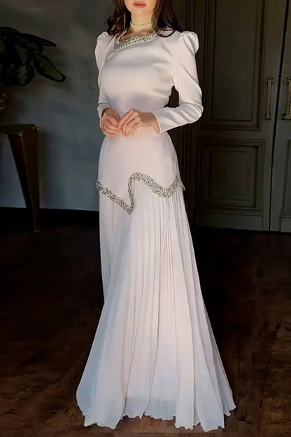 Rhinestone Beads Decor Lace Up Patchwork Pleated Chiffon Party Maxi Dresses