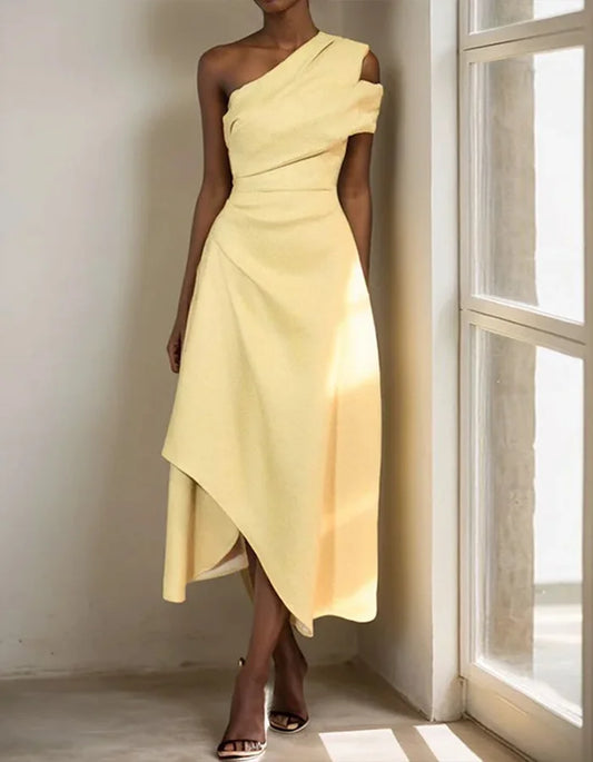 Off-shoulder Light Yellow Midi Dress