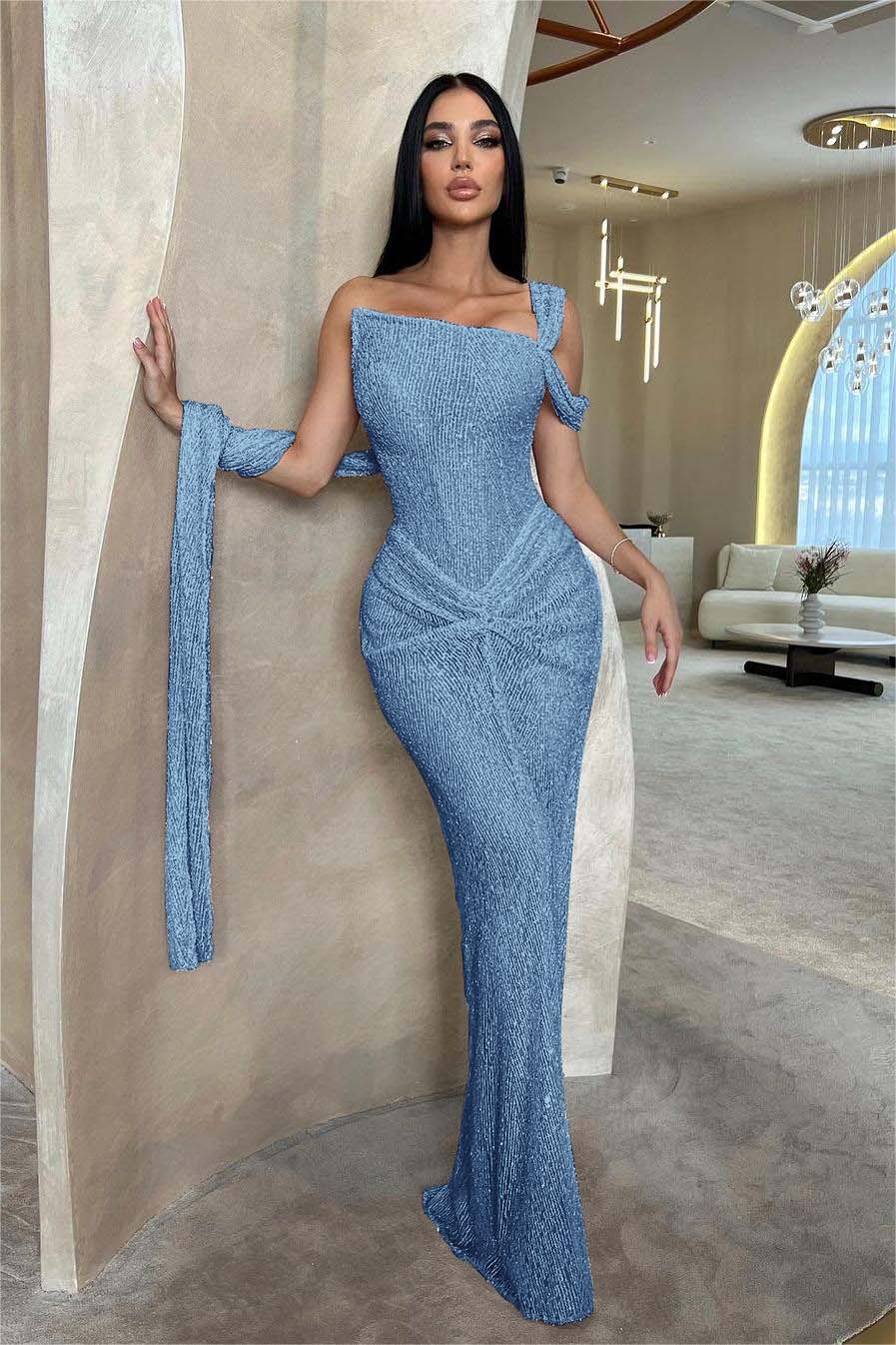 Lussooy Sage Shinning One Shoulder Sequins Sleeveless Split Prom Dress with Pleated