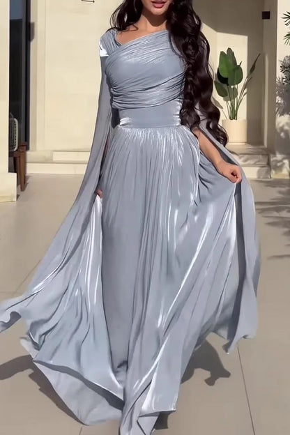 Ruched Irregular Neck Slit Long Sleeve Lace Up Cinch Waist Party Maxi Dresses