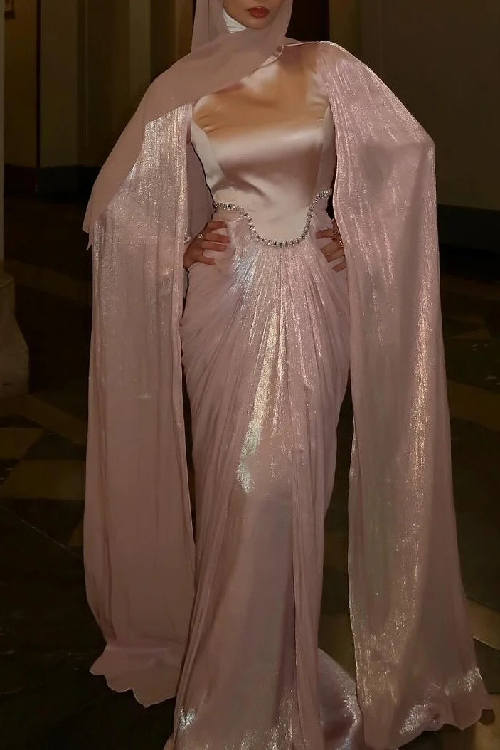 Rhinestone Cape Sleeve Ruched High Neck Party Maxi Dresses