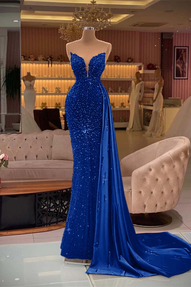 Lussooy Blue Strapless Beautiful Slit Mermaid Prom Dress With Beadings