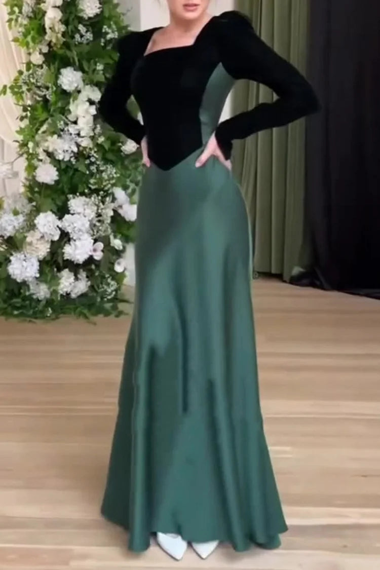 Color Matching Square Neck Patchwork Lace Up Maxi Dresses