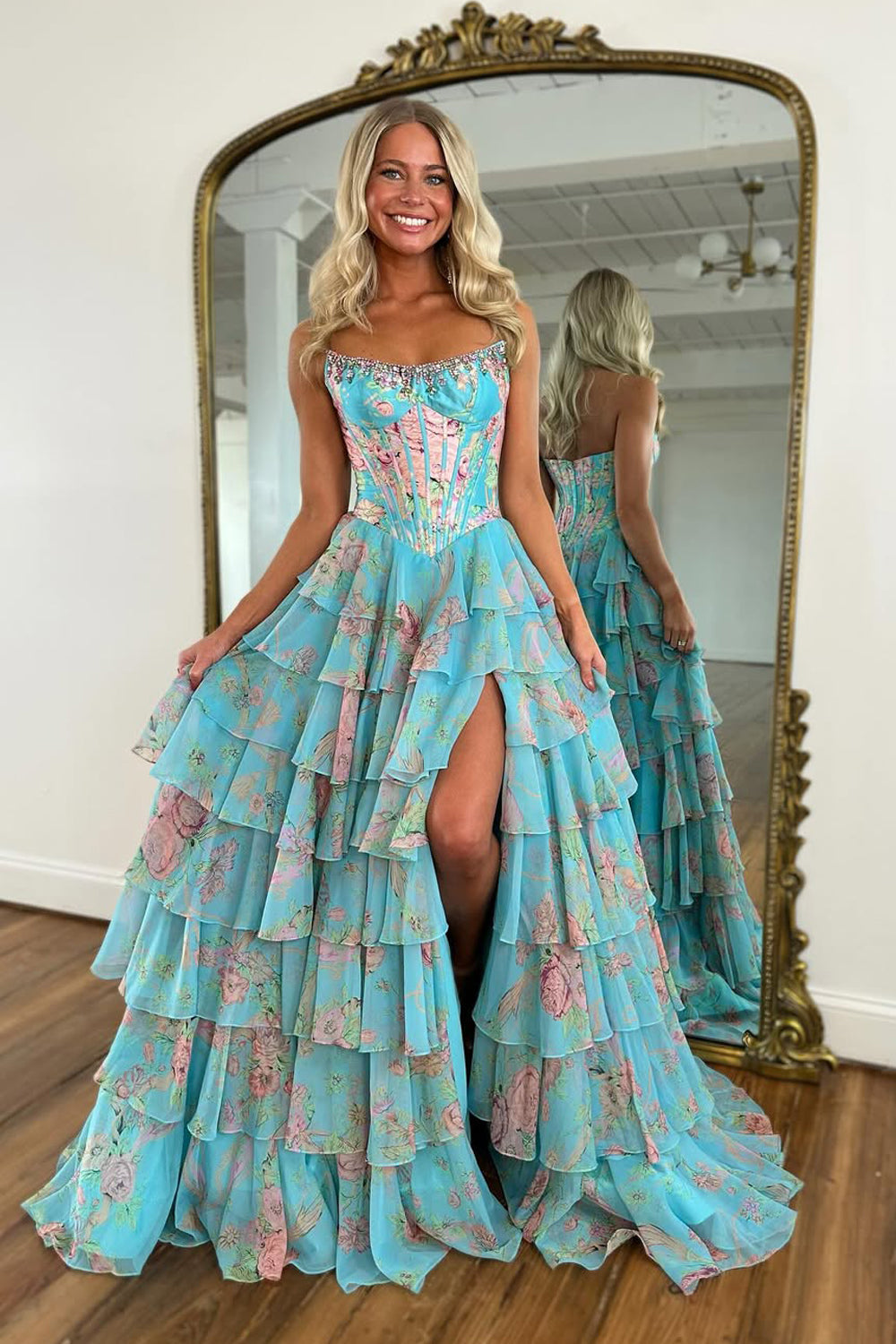 Pink Floral Printed Chiffon Strapless Corset Ruffle Tiered Long Prom Dresses with Beading