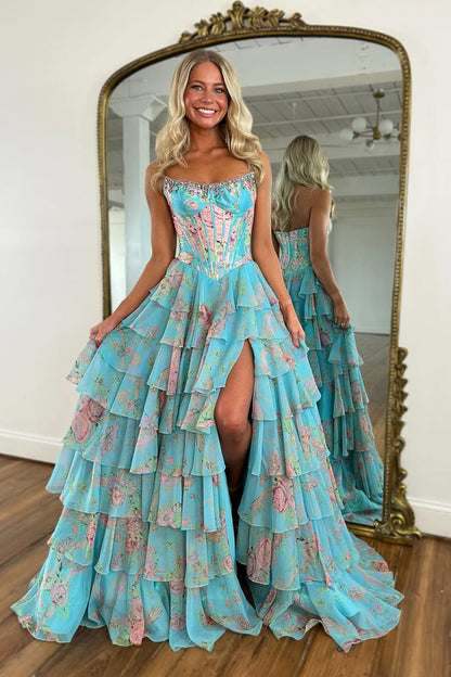 Pink Floral Printed Chiffon Strapless Corset Ruffle Tiered Long Prom Dresses with Beading