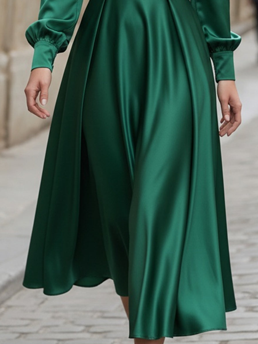 Emerald Satin Square-Neck Midi Dress