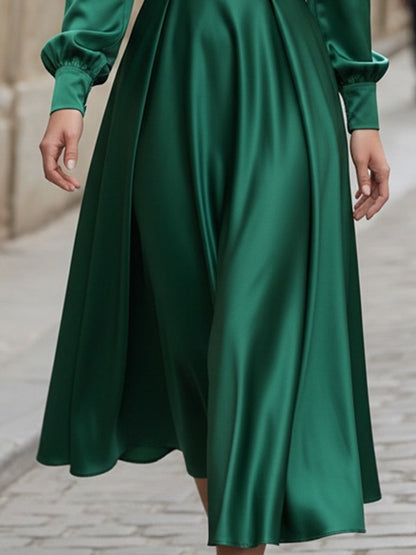 Emerald Satin Square-Neck Midi Dress