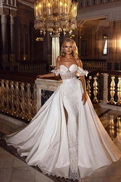 Beautiful A-line Off-The-Shoulder Lace Floor-length Satin Wedding Dress With Sweetheart Appliques