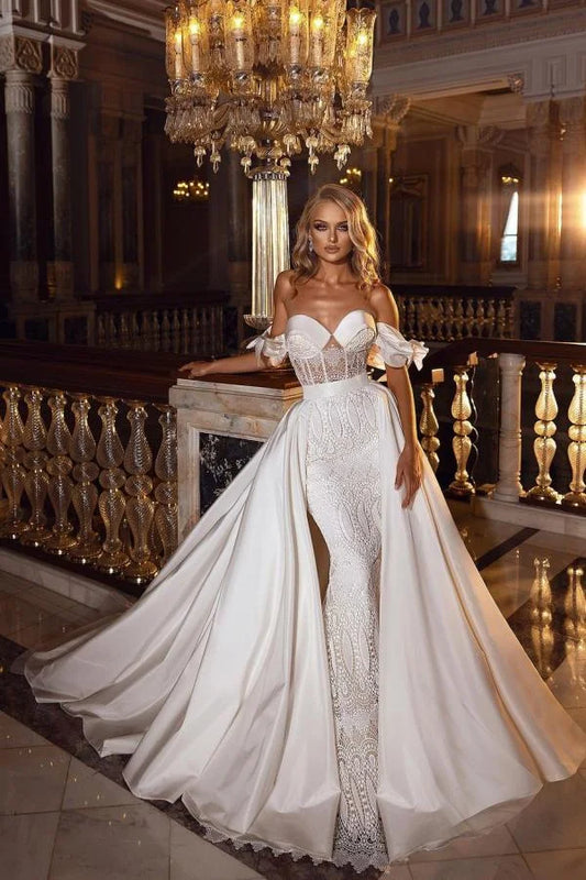 Beautiful A-line Off-The-Shoulder Lace Floor-length Satin Wedding Dress With Sweetheart Appliques