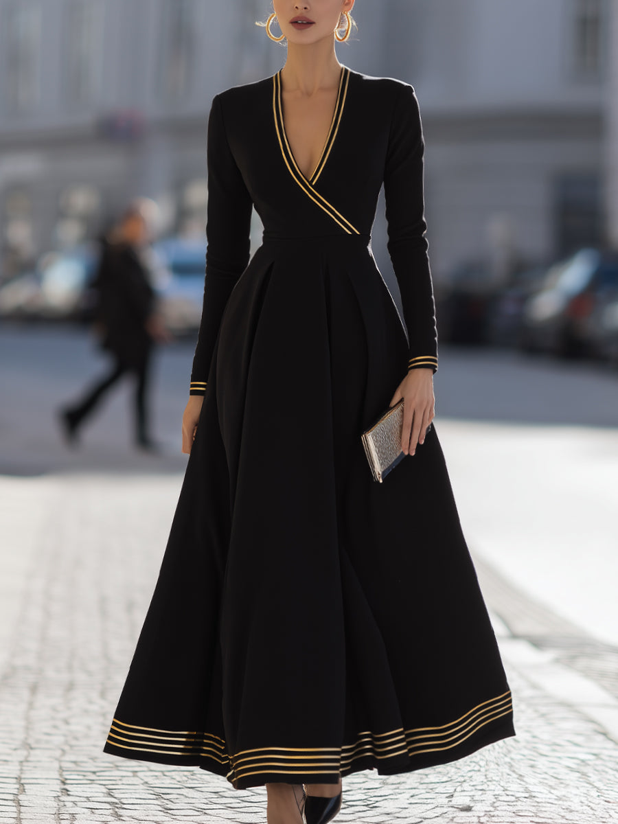 Black Dress With Yellow Stripes And Pleated Skirt