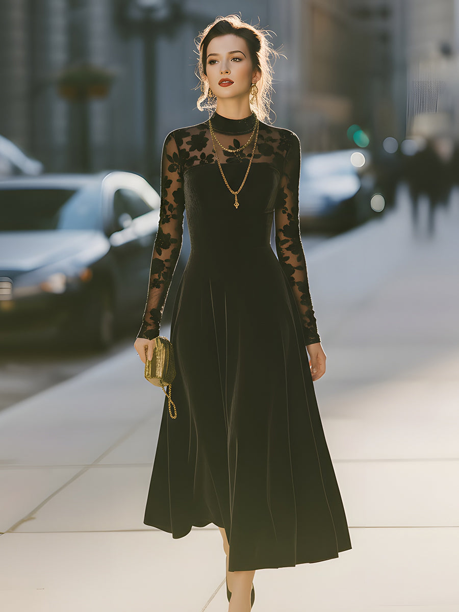 Black Velvet Floral Embroidered Midi Dress