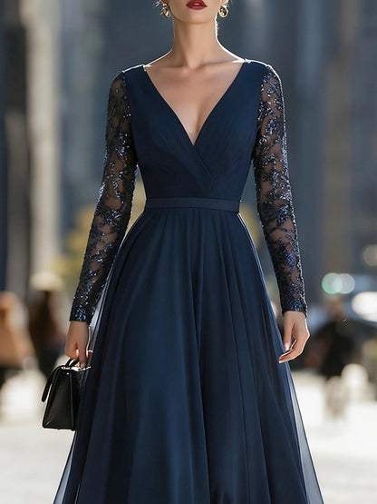 Midnight Sparkle – Navy Sequin Mesh Sleeve Gown