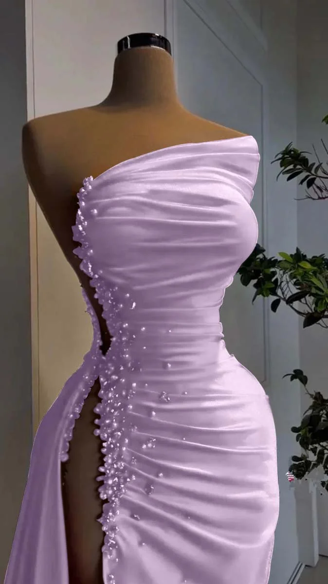 Sexy Red Beaded Satin Long Prom Dress with High Slit Evening Party Dress