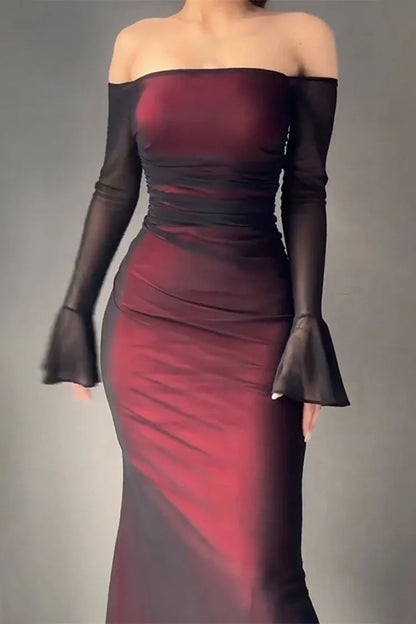 Gradient Flare Sleeve Off Shoulder Bodycon Maxi Dresses-Red