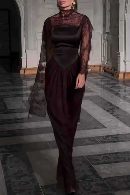 Lace Trim See Through High Neck Tied Slit Hem Maxi Dresses