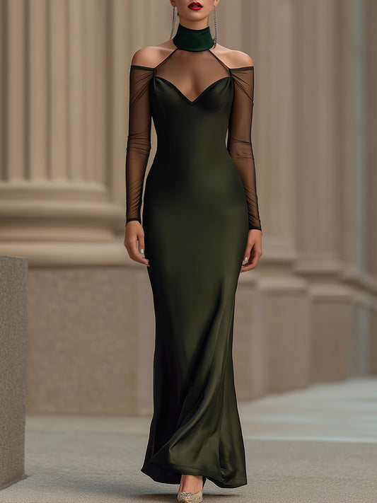 Elegant Off-Shoulder Satin Evening Gown With Sheer Sleeves