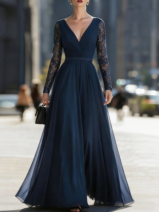 Midnight Sparkle – Navy Sequin Mesh Sleeve Gown