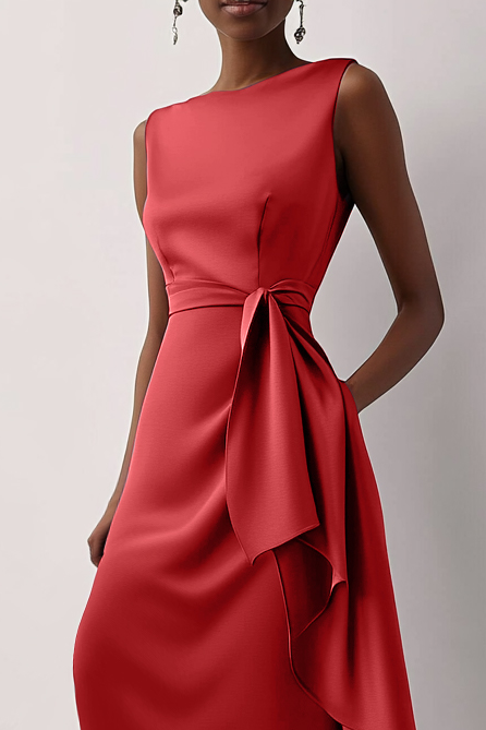 Fall Wedding Guest Dress Purple Sleeveless Draped Waist Midi Dress