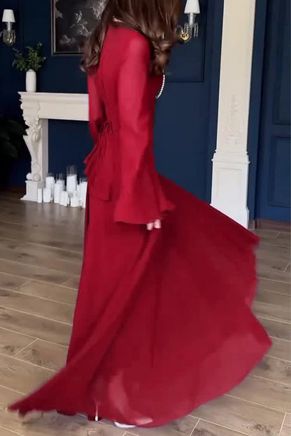 Round Neck Long Sleeve Ruffle Trim Lace Up Solid Color Maxi Dresses